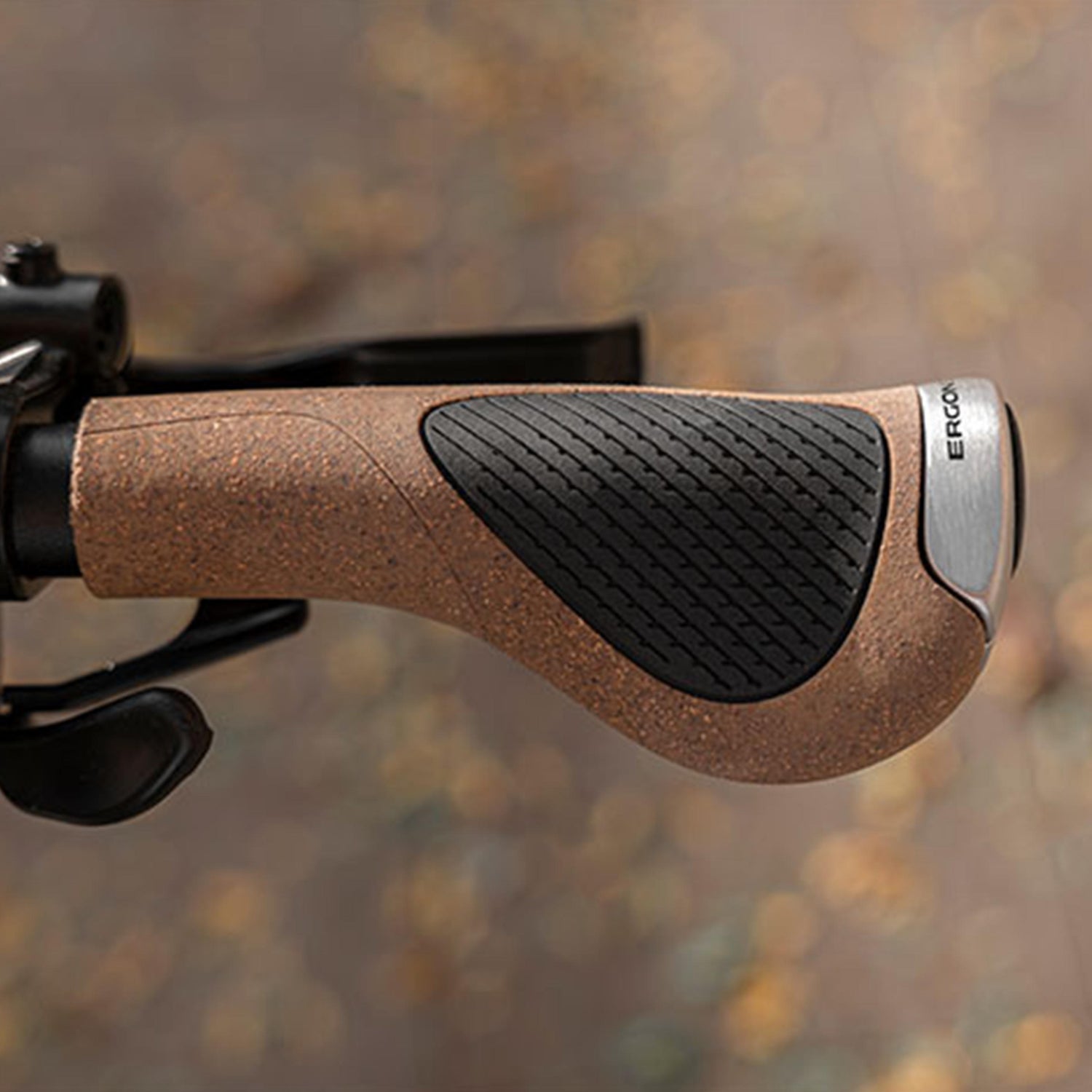 Top view of an Ergon GP1 Evo BioKork ergonomic bike grip on a bicycle handlebar