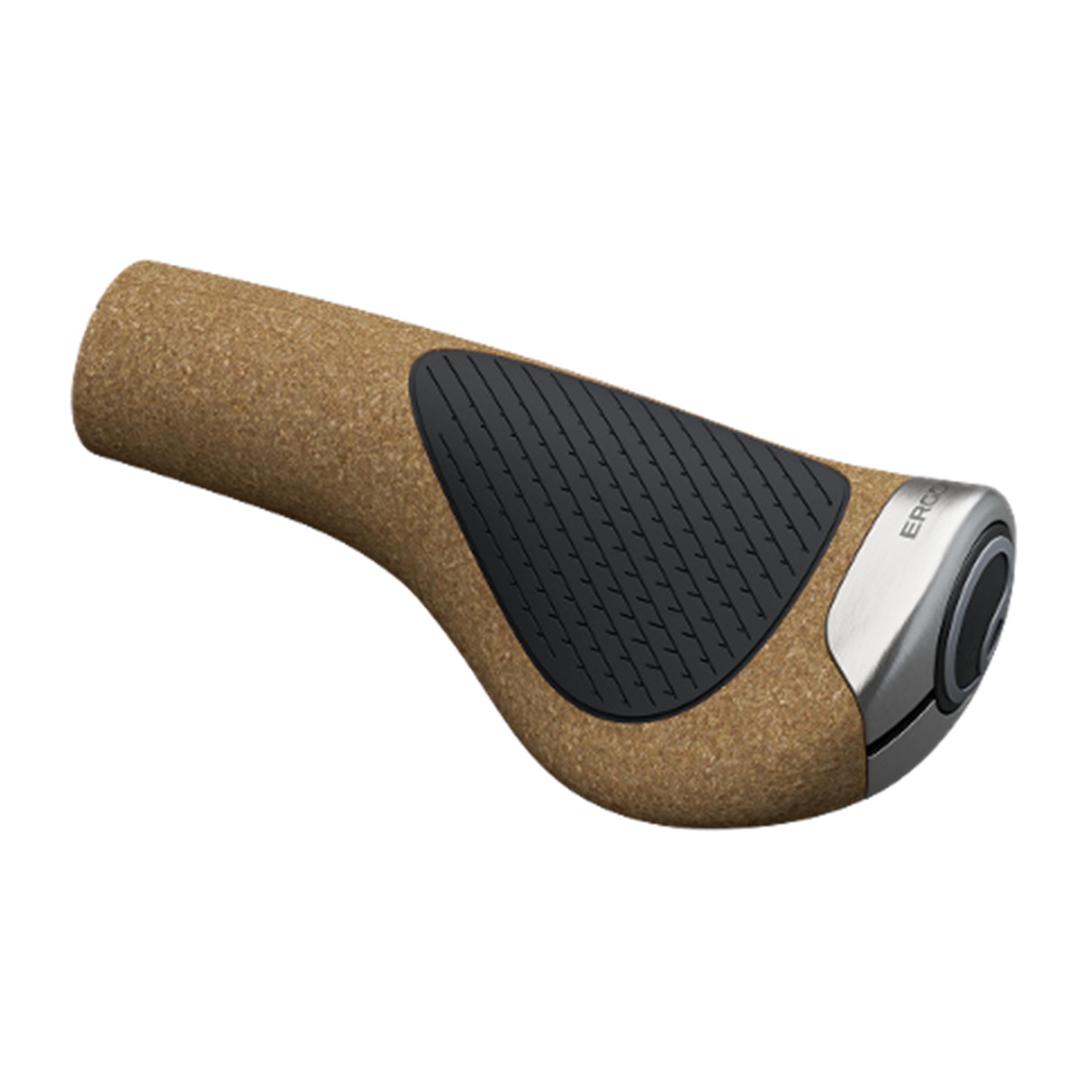 Angled side profile of an Ergon GP1 Evo BioKork grip, highlighting ergonomic wing shape and cork texture