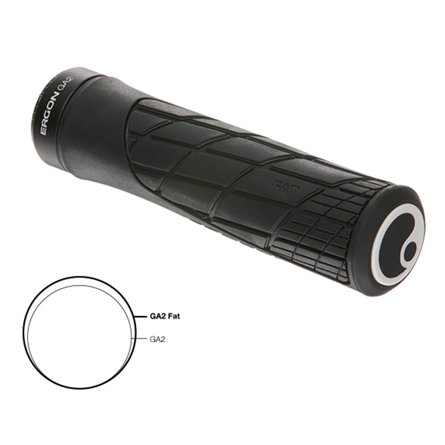 Ergon GA2 Fat grips in black, angled studio view showing the diameter difference between the GA2 Fat and GA2 grips (diagram illustration)