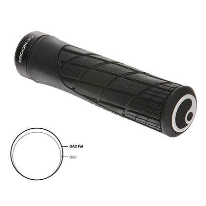Ergon GA2 Fat grips in black, angled studio view showing the diameter difference between the GA2 Fat and GA2 grips (diagram illustration)