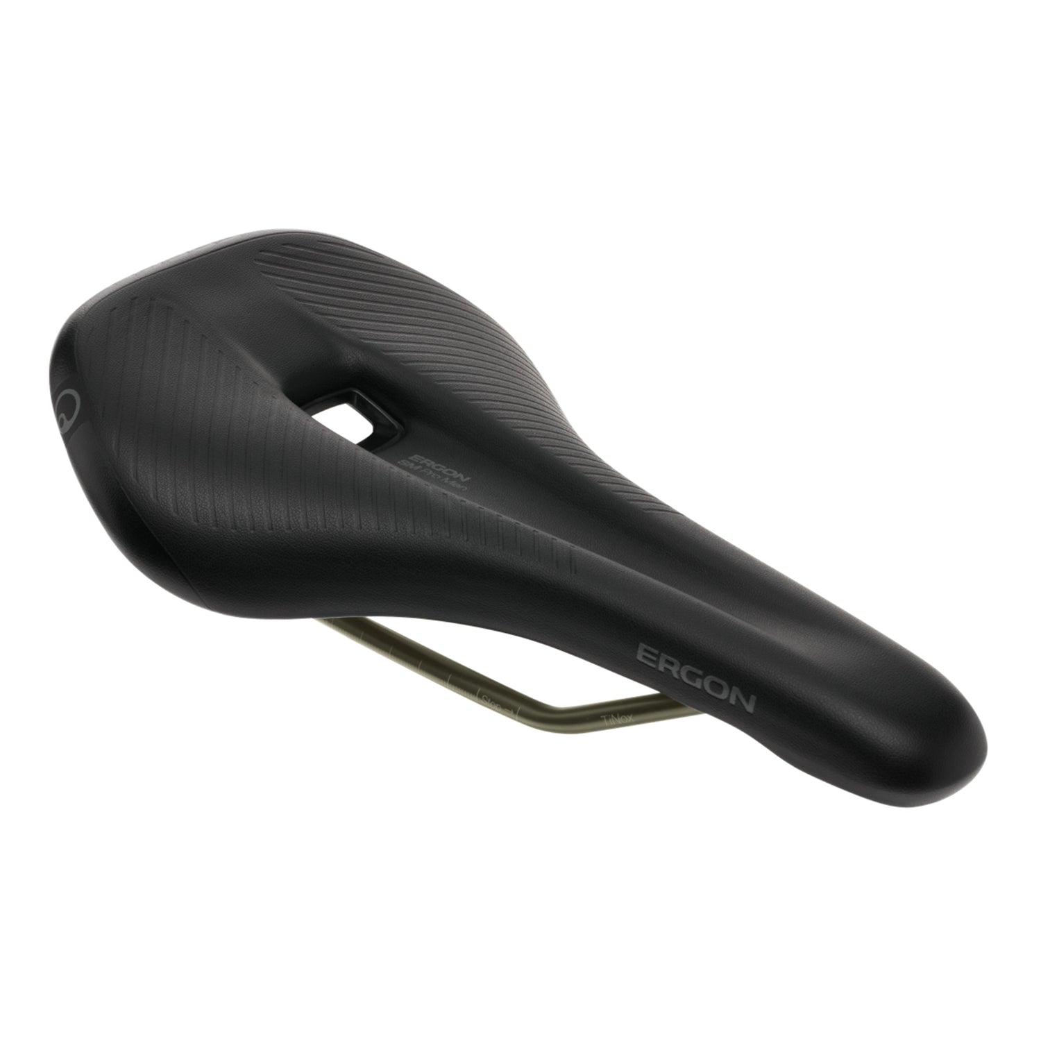 Angled view of Ergon SM Pro Men saddle with visible pressure-relief cut-out