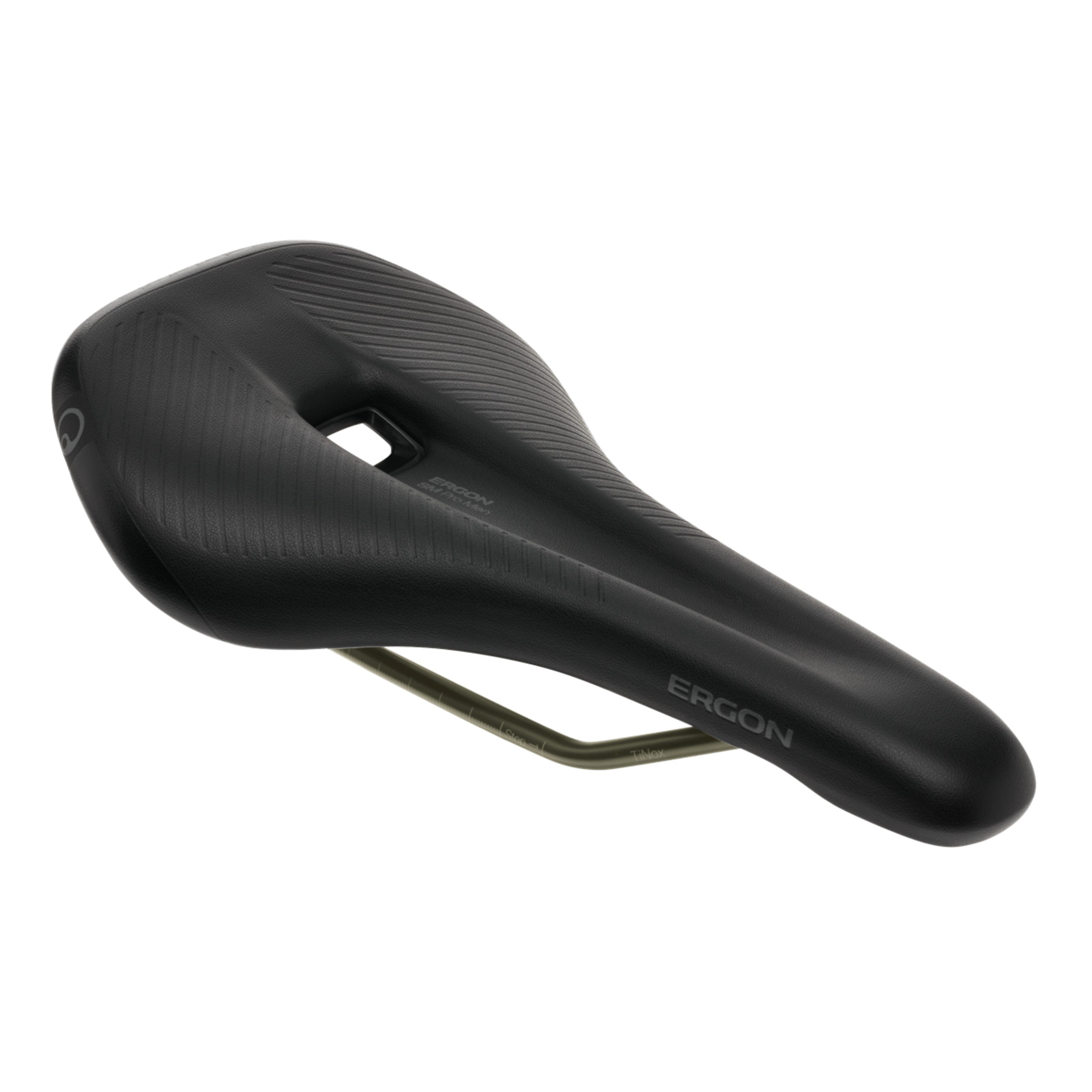 Angled view of Ergon SM Pro Men saddle with visible pressure-relief cut-out
