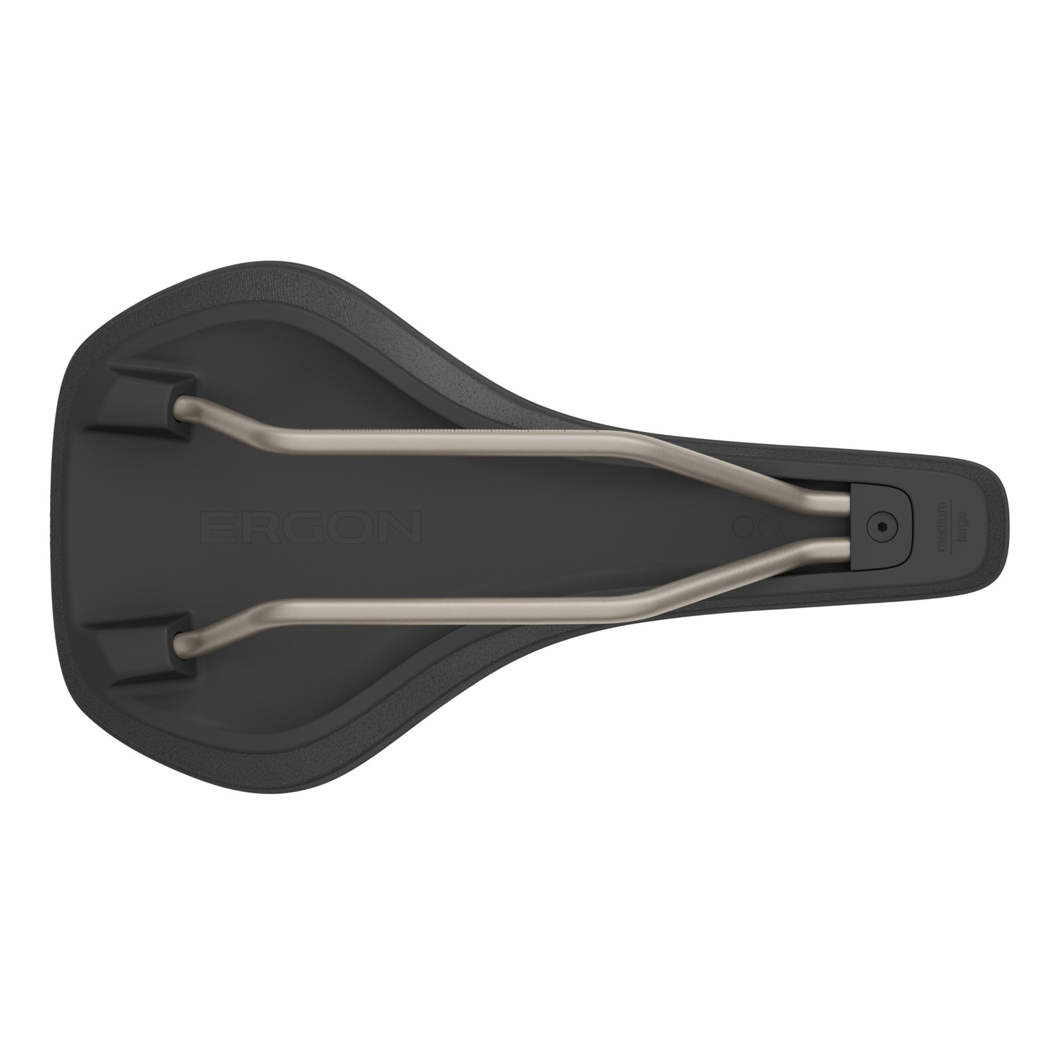 Ergon SR Allroad Men’s saddle underside, showing rail structure and shell design