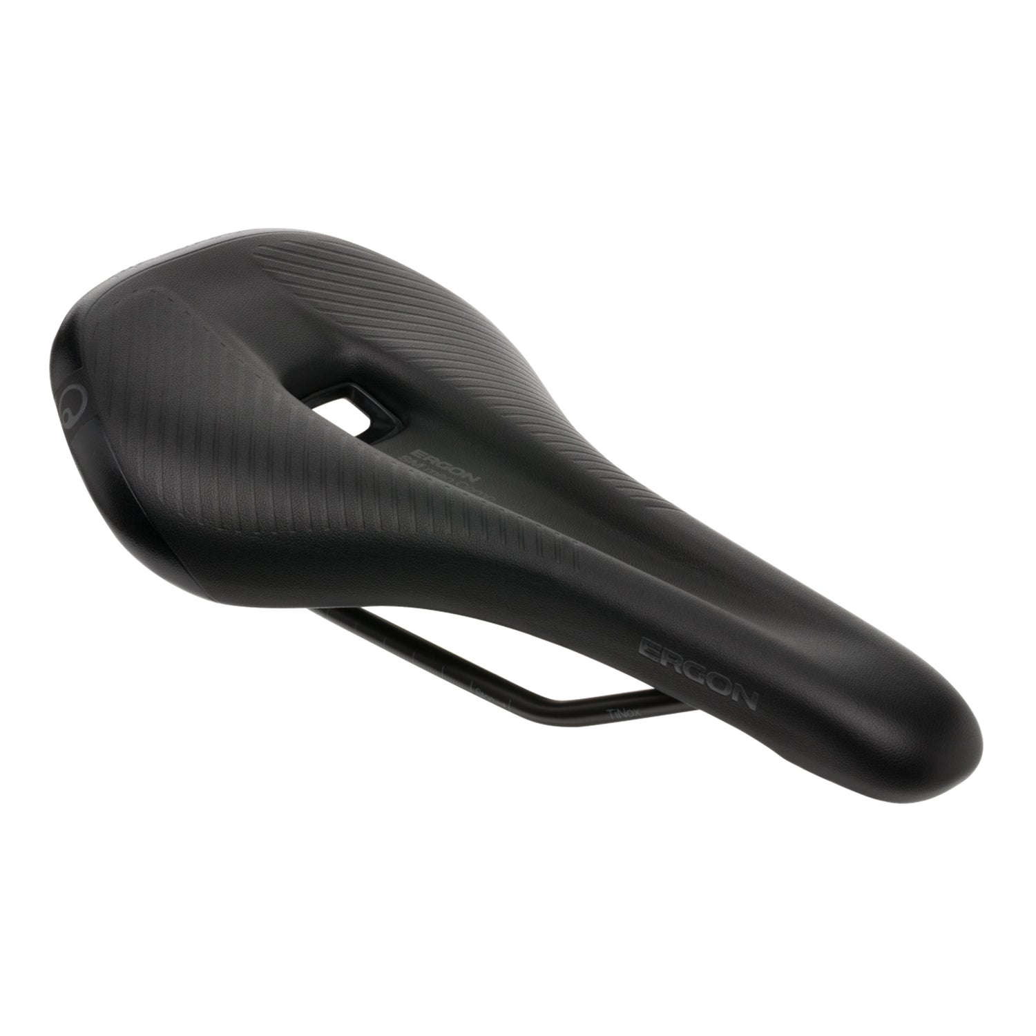 Angled front view of Ergon SM Pro Comp saddle with visible cut-out for pressure relief