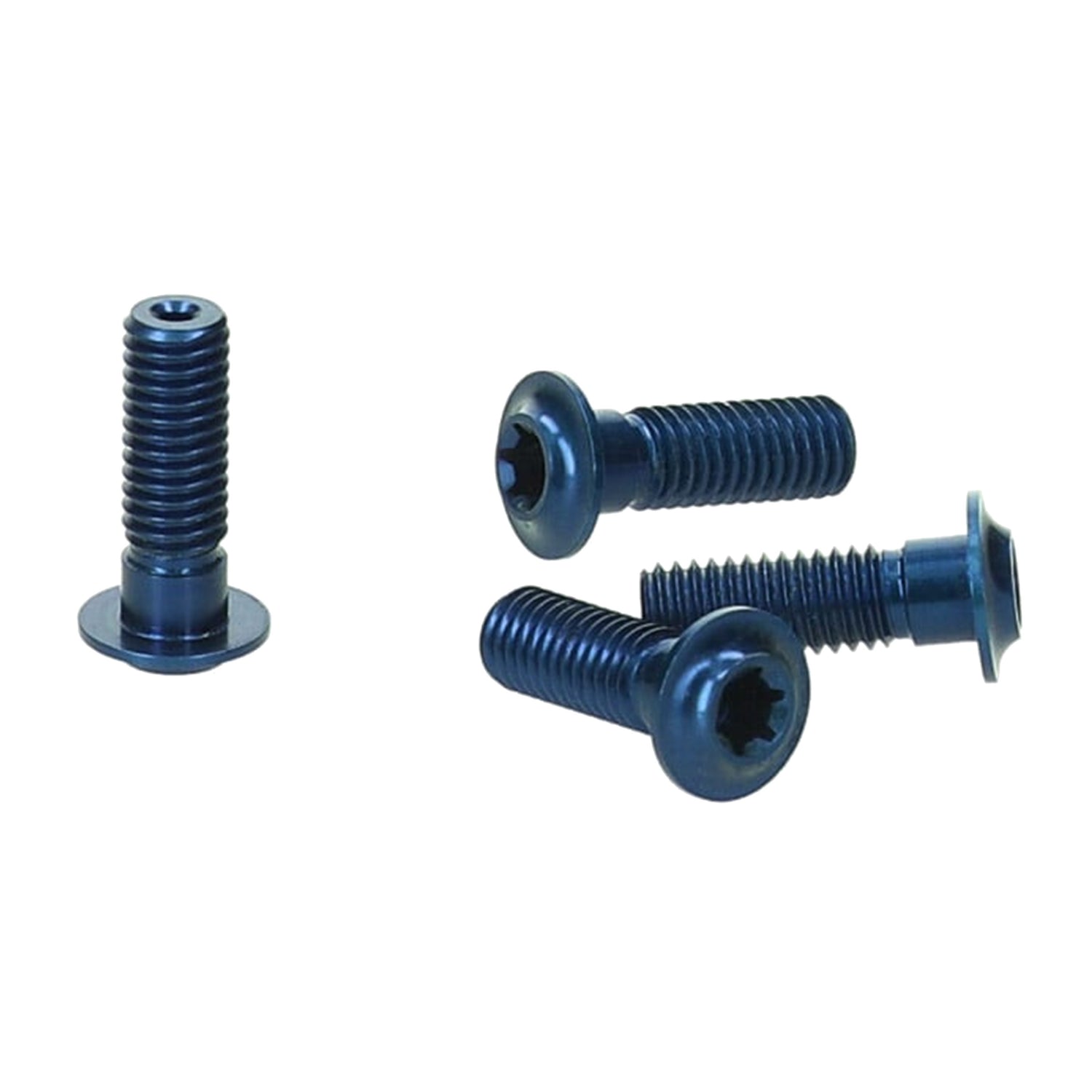 Extralite Extrabolt 12.1 M5 x 15mm aluminum bolt set showing four blue anodized bolts with flat T20 Torx heads