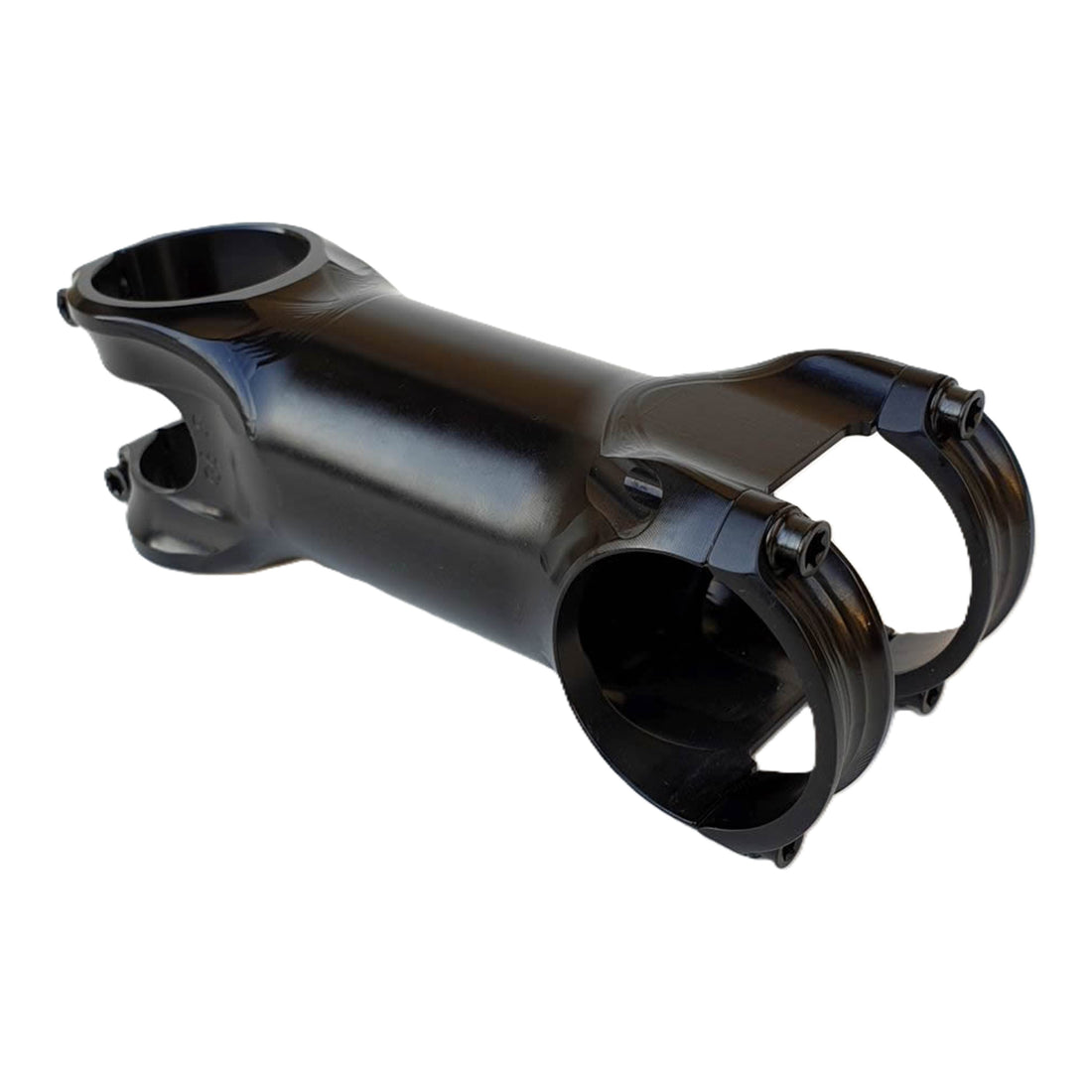 Extralite HyperStem ±6° aluminum stem showing CNC-milled 3D contoured body with black PVD-coated titanium Torx bolts