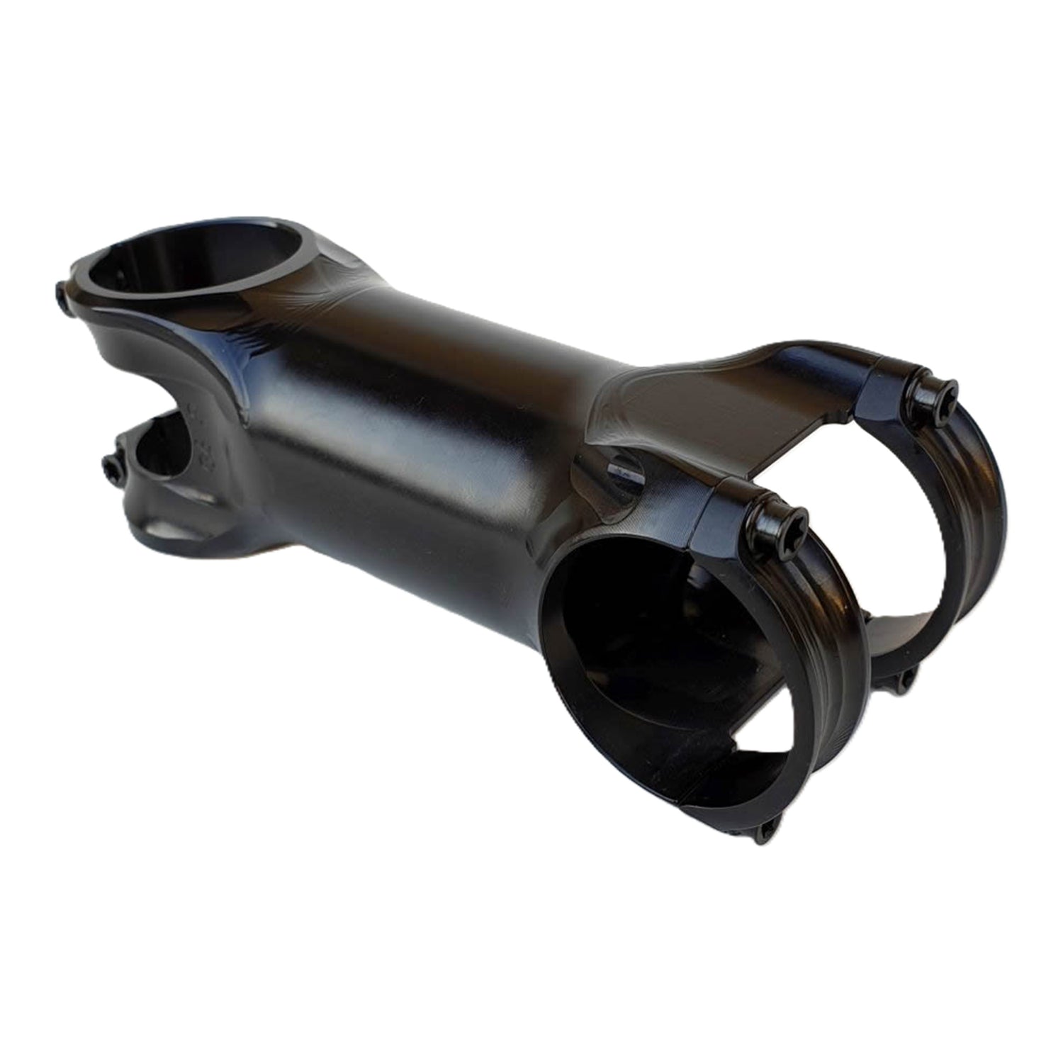 Extralite HyperStem ±6° aluminum stem showing CNC-milled 3D contoured body with black PVD-coated titanium Torx bolts