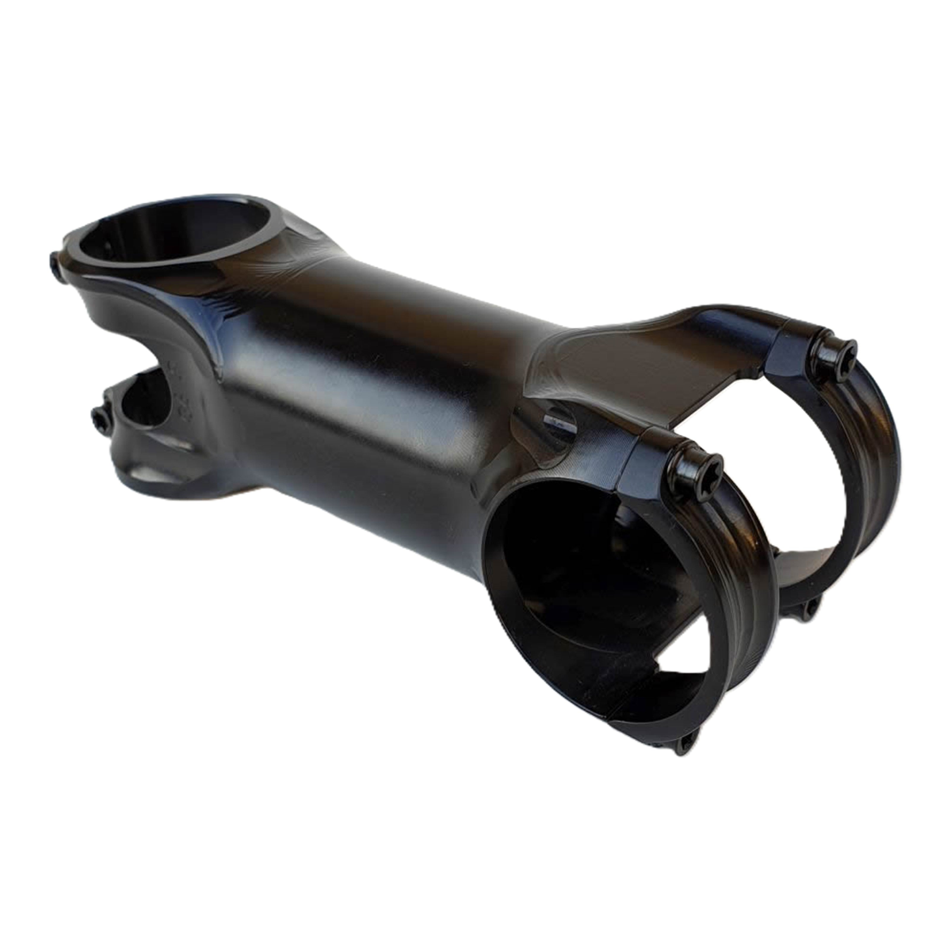 Extralite HyperStem ±6° aluminum stem showing CNC-milled 3D contoured body with black PVD-coated titanium Torx bolts