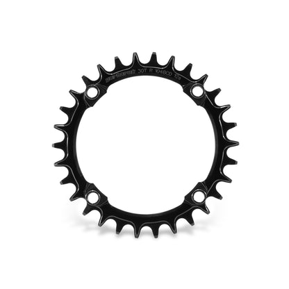 Garbaruk 104 BCD black chainring, size 30T, showing precision CNC-machined teeth and smooth, anodised finish
