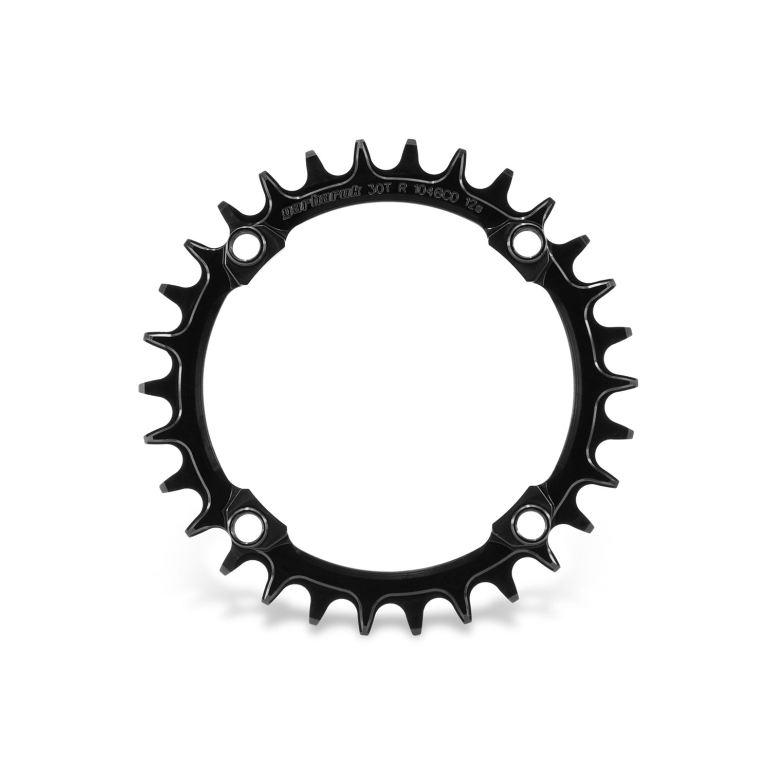 Garbaruk 104 BCD black chainring, size 30T, showing precision CNC-machined teeth and smooth, anodised finish