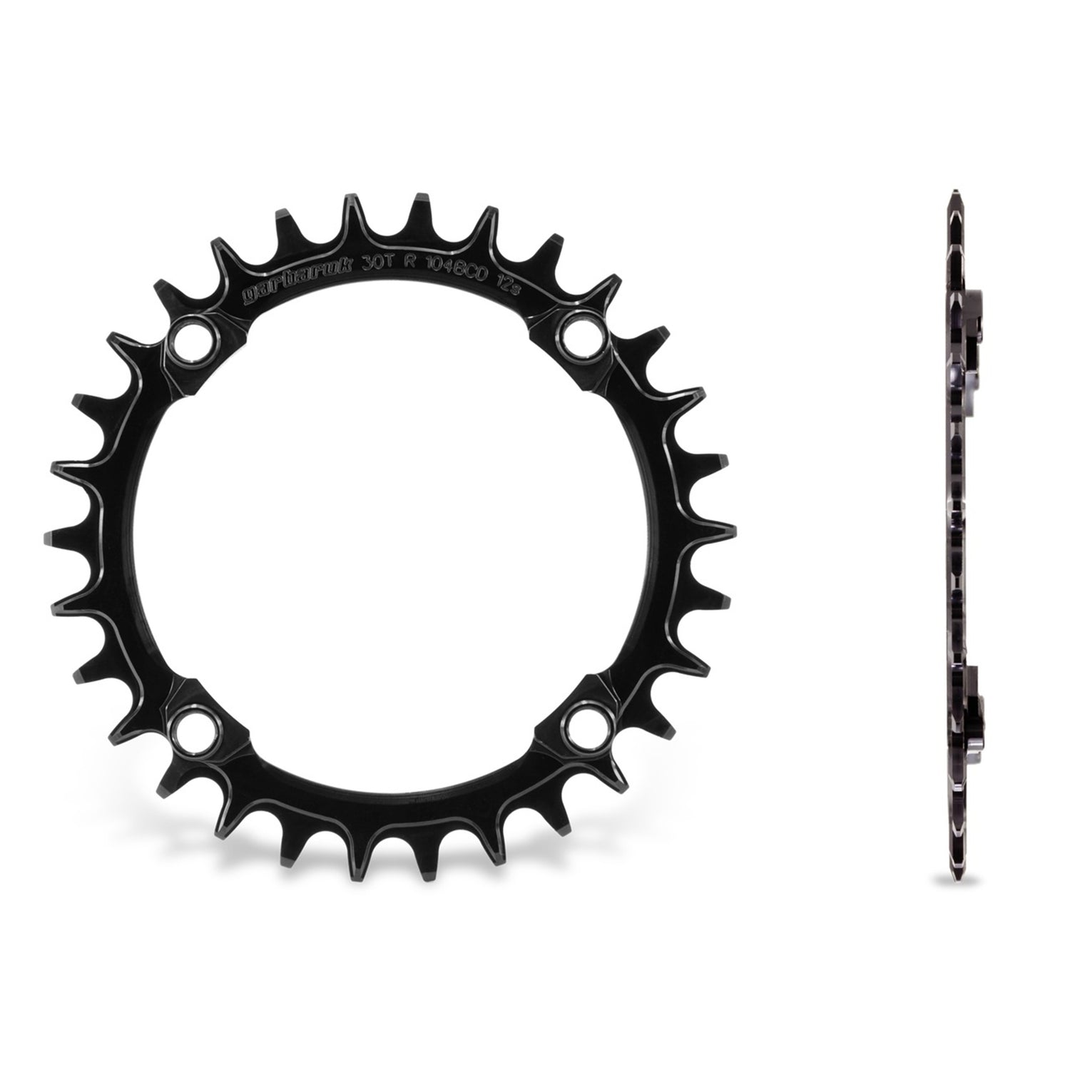 Garbaruk 104 BCD black chainring shown in front view as well as from the size to demonstrate the offset