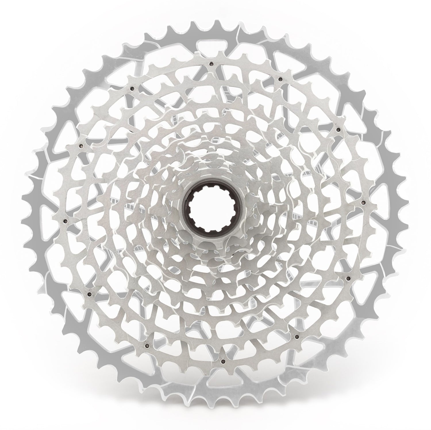 Garbaruk 11-speed SRAM XD freehub cassette in silver, studio shot highlighting the precise tooth design and anodised finish