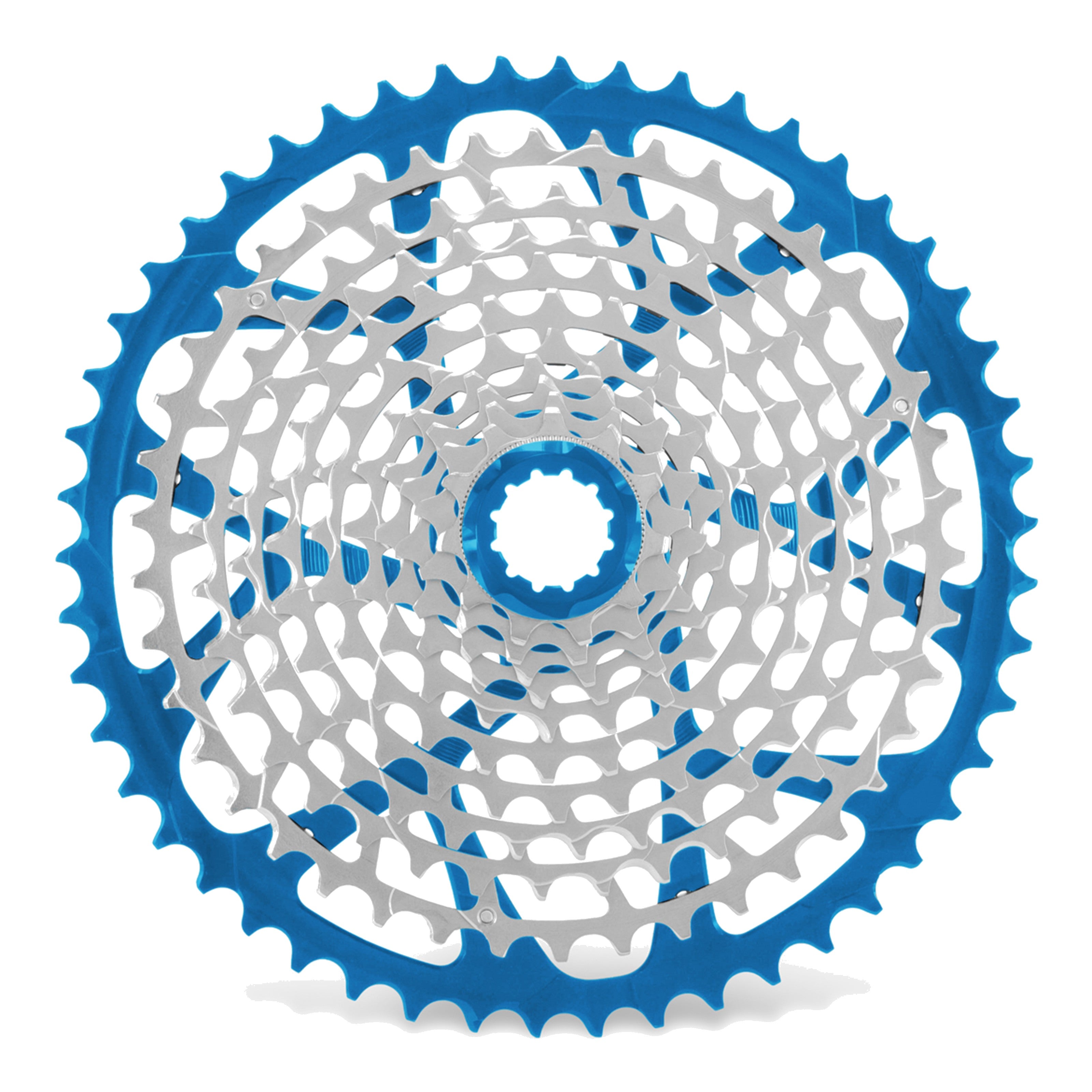 Garbaruk 11-speed Shimano cassette in blue, highlighting the CNC machining details and precise tooth design