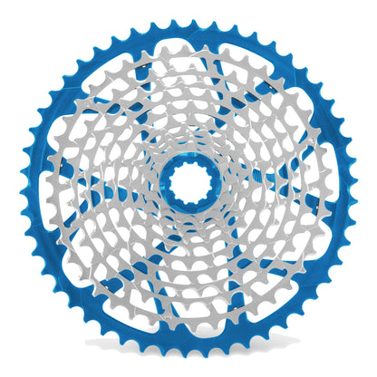 Garbaruk 11-speed Shimano cassette in blue, highlighting the CNC machining details and precise tooth design