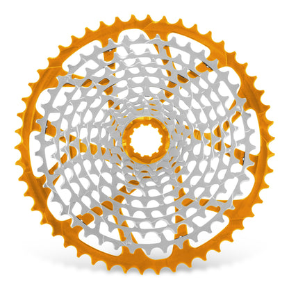 Garbaruk 11-speed Shimano cassette in orange, highlighting the CNC machining details and precise tooth design