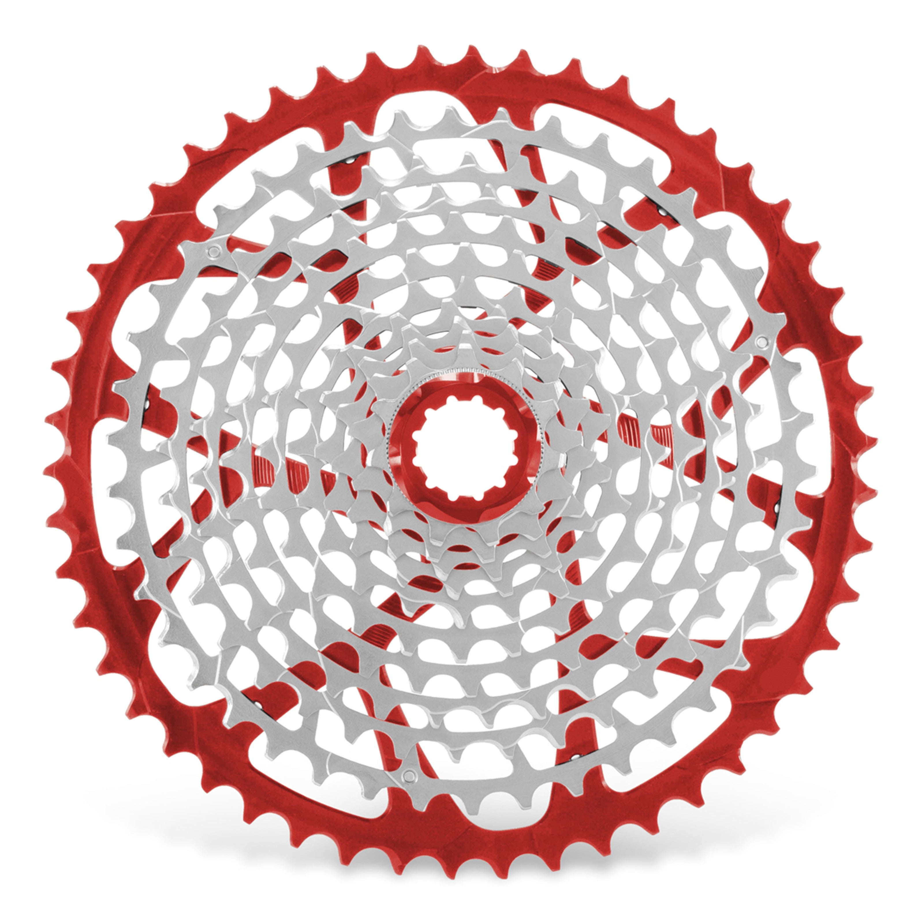 Garbaruk 11-speed Shimano-compatible cassette in red, highlighting the CNCmachining details and precise tooth design