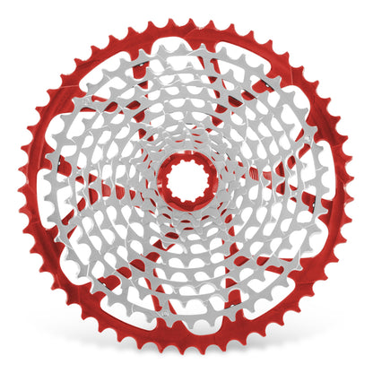 Garbaruk 11-speed Shimano-compatible cassette in red, highlighting the CNCmachining details and precise tooth design