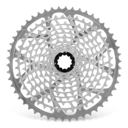 Garbaruk 11-speed Shimano cassette in silver, highlighting the CNC machining details and precise tooth design