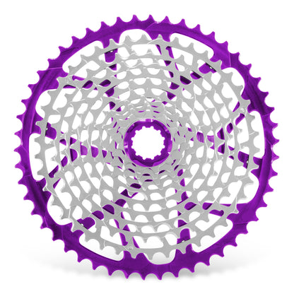 Garbaruk 11-speed Shimano cassette in violet, highlighting the CNC machining details and precise tooth design