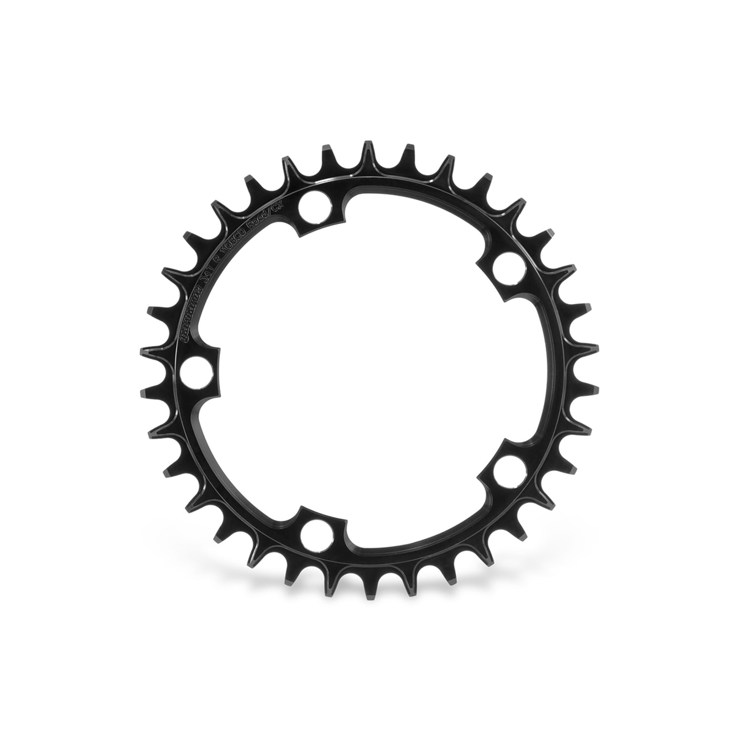 Garbaruk 110 BCD 5-bolt chainring in black, 34T, showing precise CNC machining and unique tooth profile design