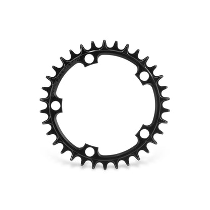 Garbaruk 110 BCD 5-bolt chainring in black, 34T, showing precise CNC machining and unique tooth profile design