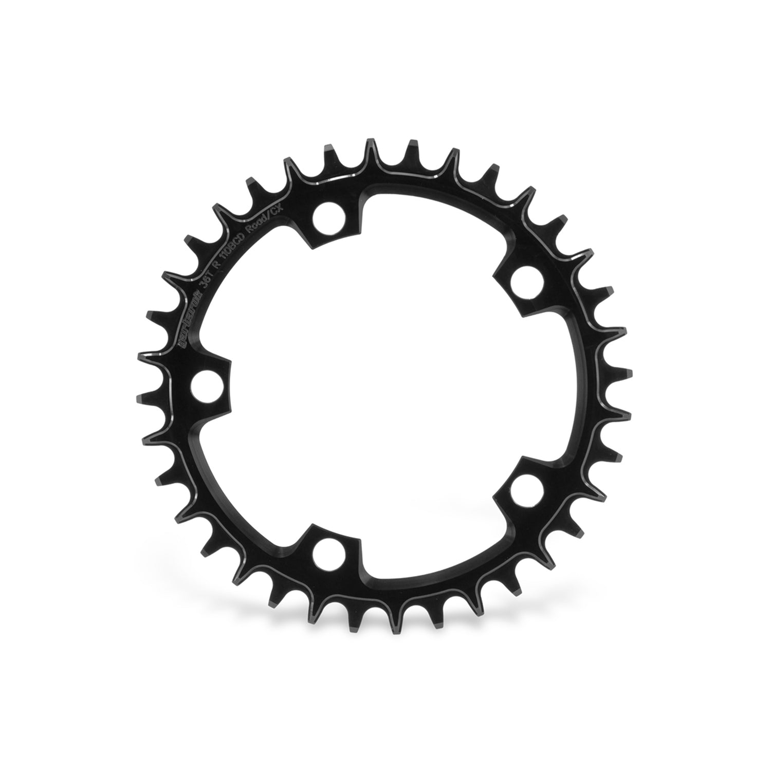 Garbaruk 110 BCD 5-bolt chainring in black, 36T, showing precise CNC machining and unique tooth profile design