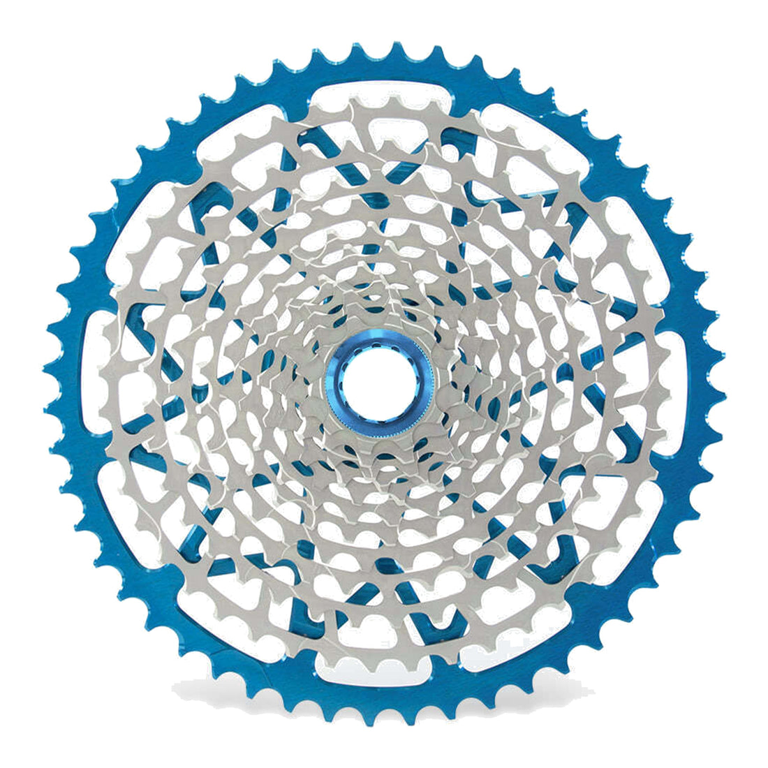 Garbaruk 12sp Shimano Microspline GEN2.0 cassette in blue, highlighting the CNC-machined monoblock construction and unique tooth profiling
