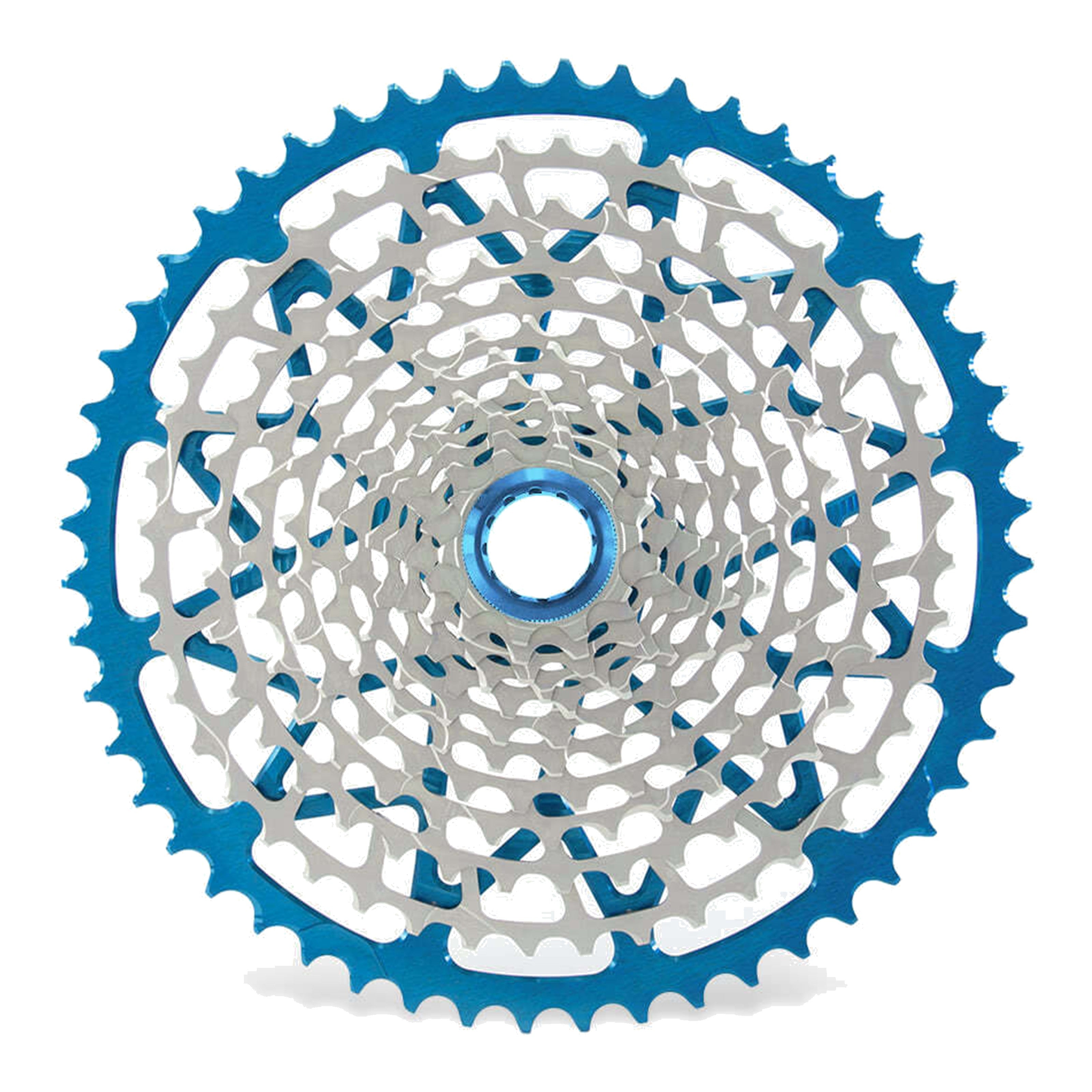 Garbaruk 12sp Shimano Microspline GEN2.0 cassette in blue, highlighting the CNC-machined monoblock construction and unique tooth profiling