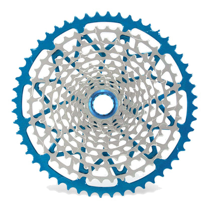 Garbaruk 12sp Shimano Microspline GEN2.0 cassette in blue, highlighting the CNC-machined monoblock construction and unique tooth profiling