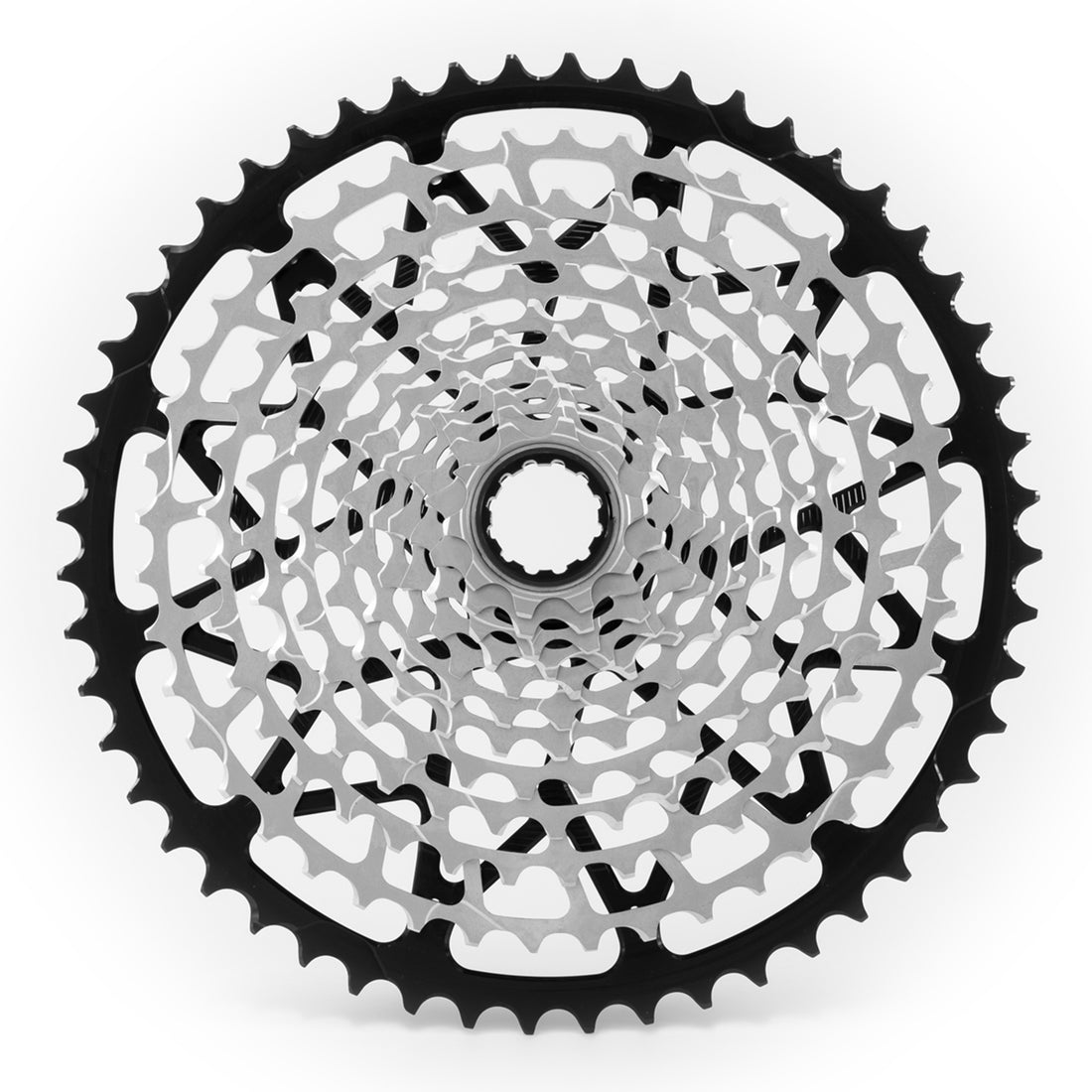 Garbaruk 12sp SRAM cassette in black, highlighting the CNC-machined monoblock construction and unique tooth profiling