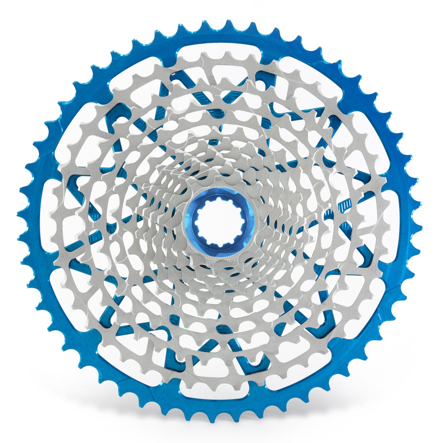 Garbaruk 12sp cassette Shimano in blue, highlighting the CNC-machined monoblock construction and unique tooth profiling