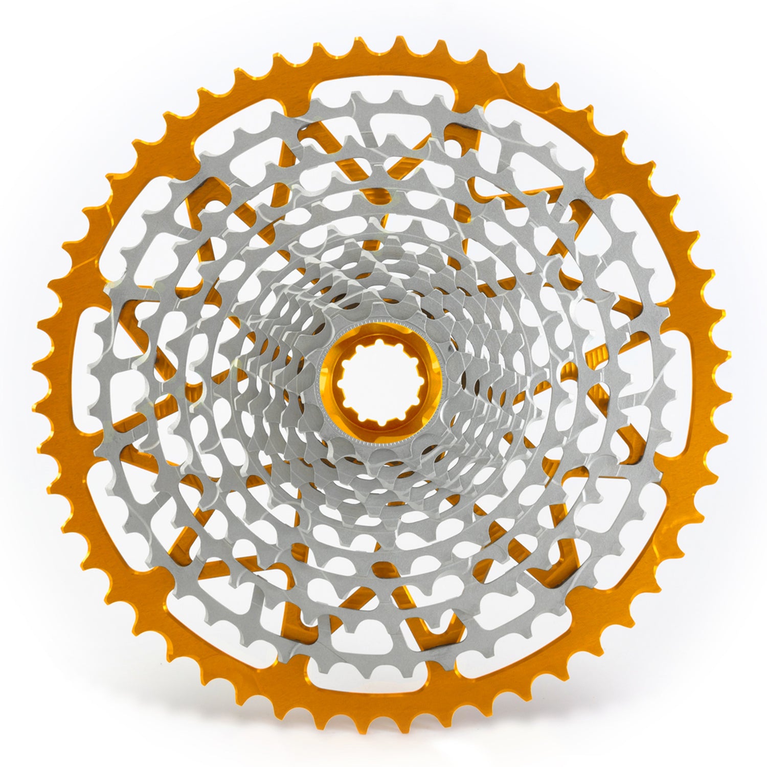 Garbaruk 12sp cassette Shimano in orange, highlighting the CNC-machined monoblock construction and unique tooth profiling
