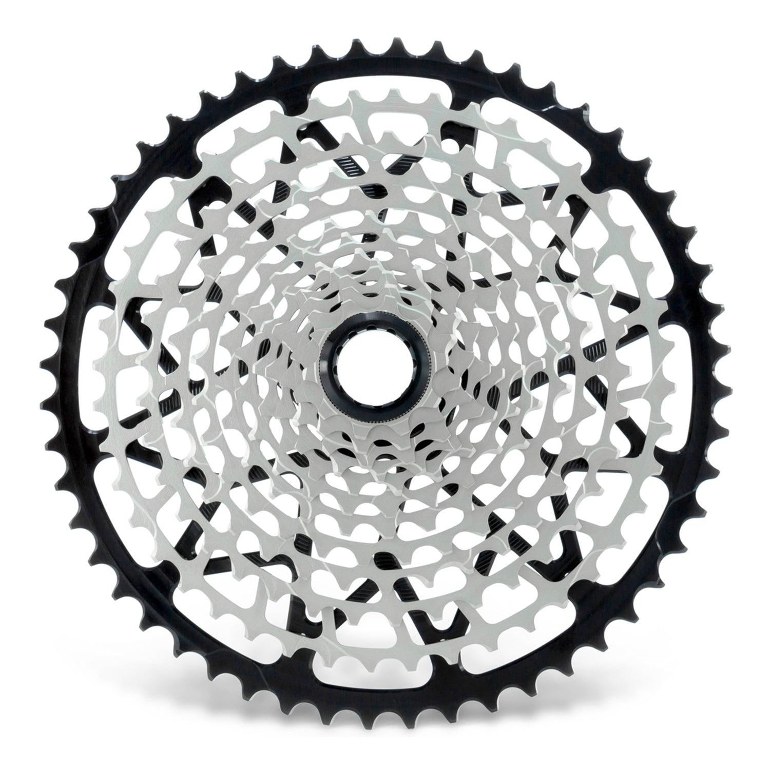 Garbaruk 12sp Shimano Microspline cassette in black, highlighting the CNC-machined monoblock construction and unique tooth profiling