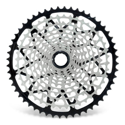 Garbaruk 12sp Shimano Microspline cassette in black, highlighting the CNC-machined monoblock construction and unique tooth profiling
