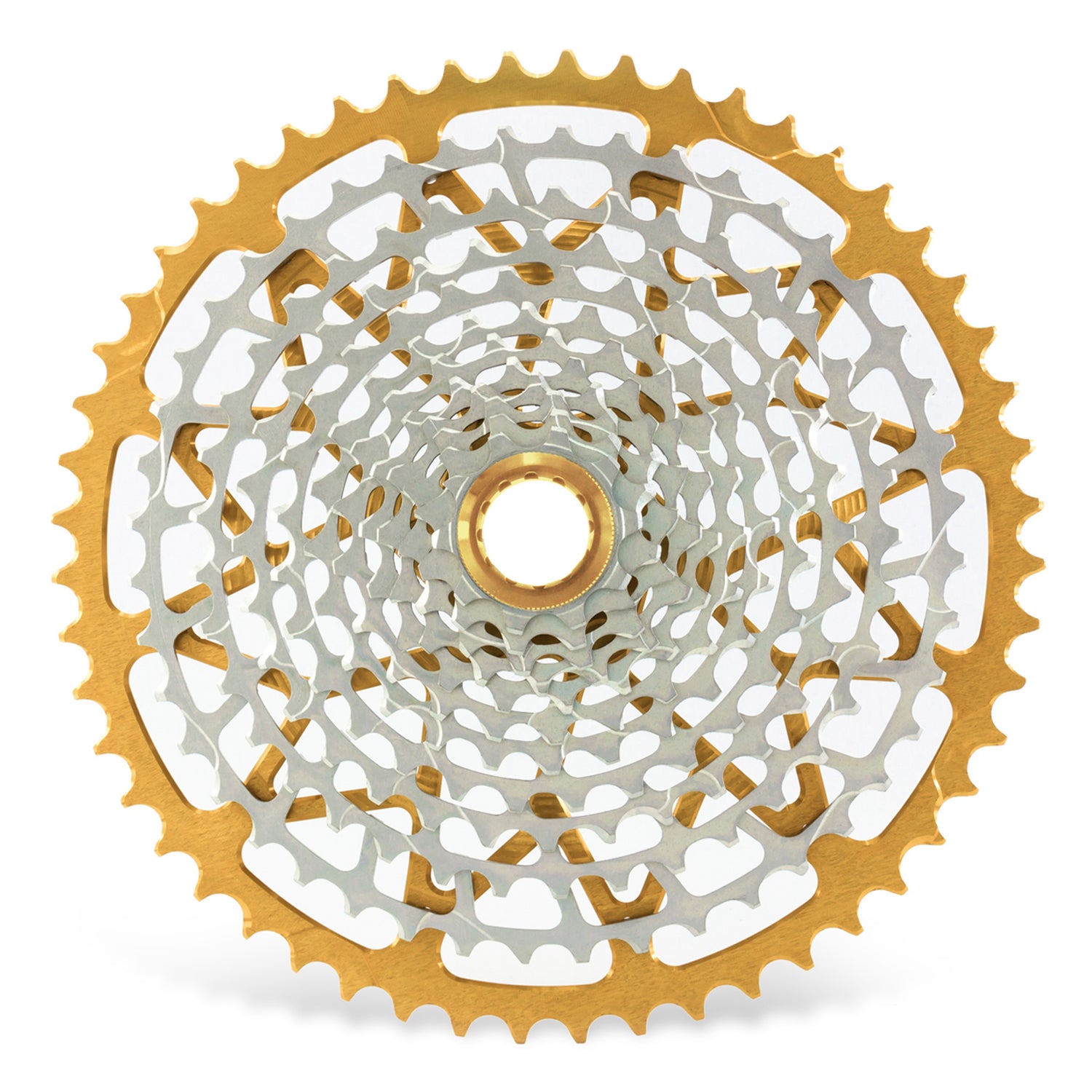 Garbaruk 12sp Shimano Microspline cassette in gold, highlighting the CNC-machined monoblock construction and unique tooth profiling