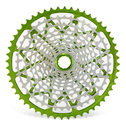 Garbaruk 12sp Shimano Microspline cassette in green, highlighting the CNC-machined monoblock construction and unique tooth profiling