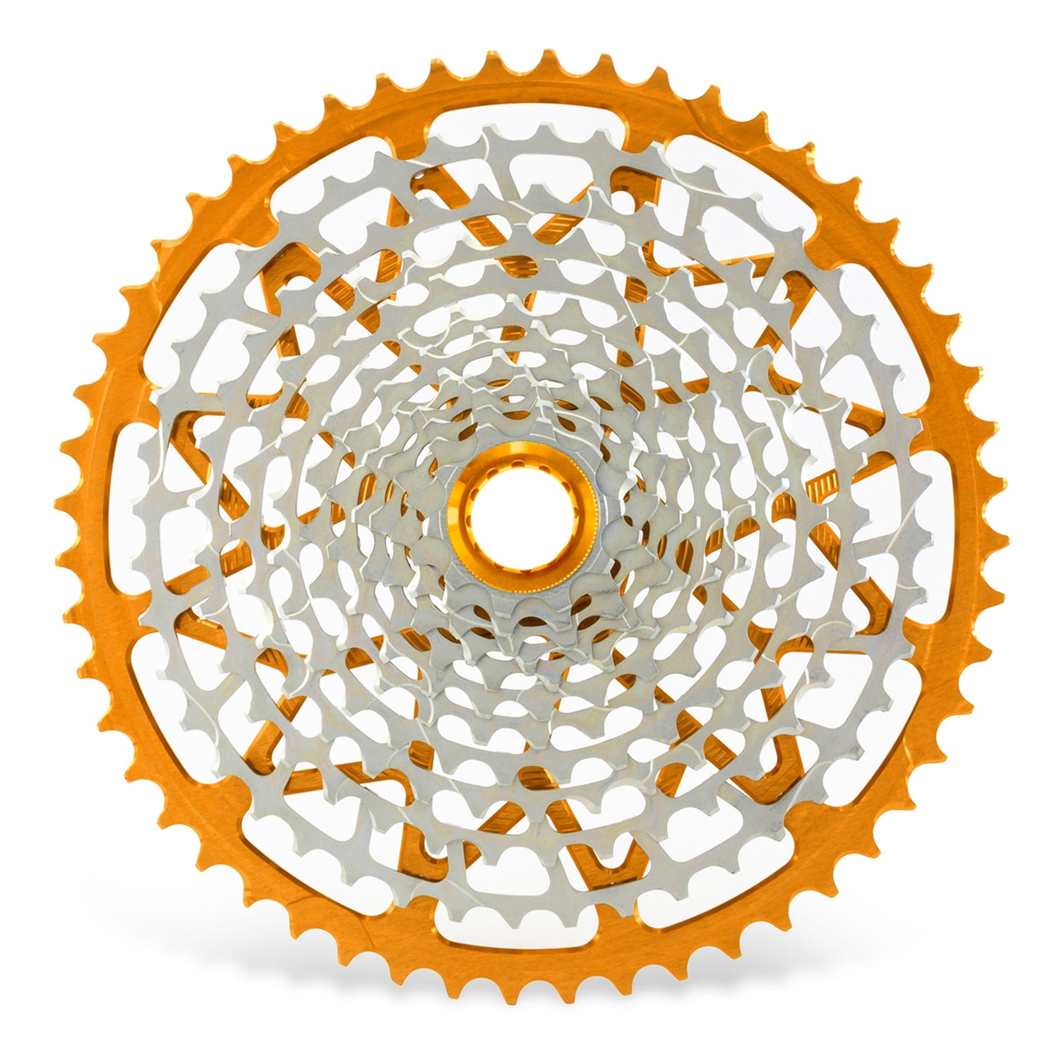 Garbaruk 12sp Shimano Microspline cassette in orange, highlighting the CNC-machined monoblock construction and unique tooth profiling