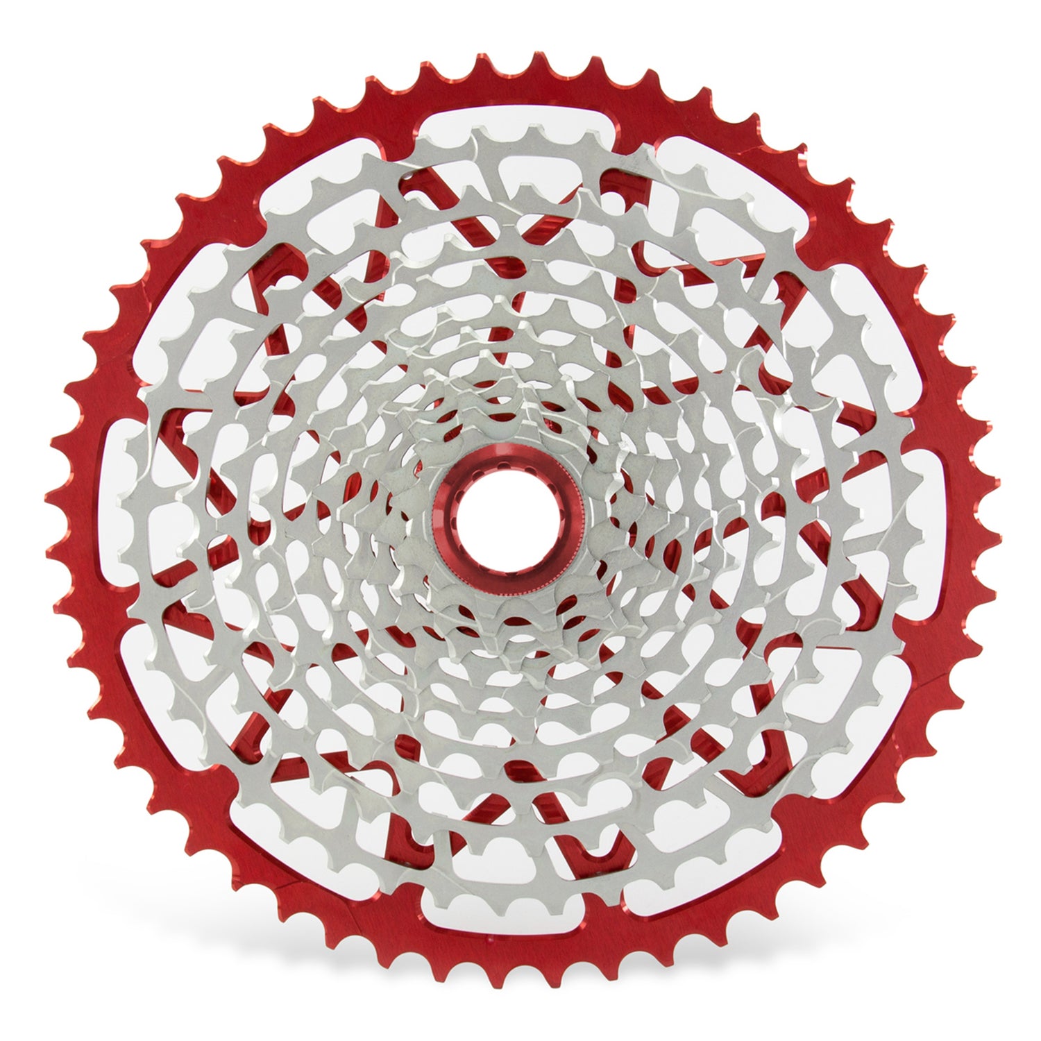 Garbaruk 12sp Shimano Microspline cassette in red, highlighting the CNC-machined monoblock construction and unique tooth profiling