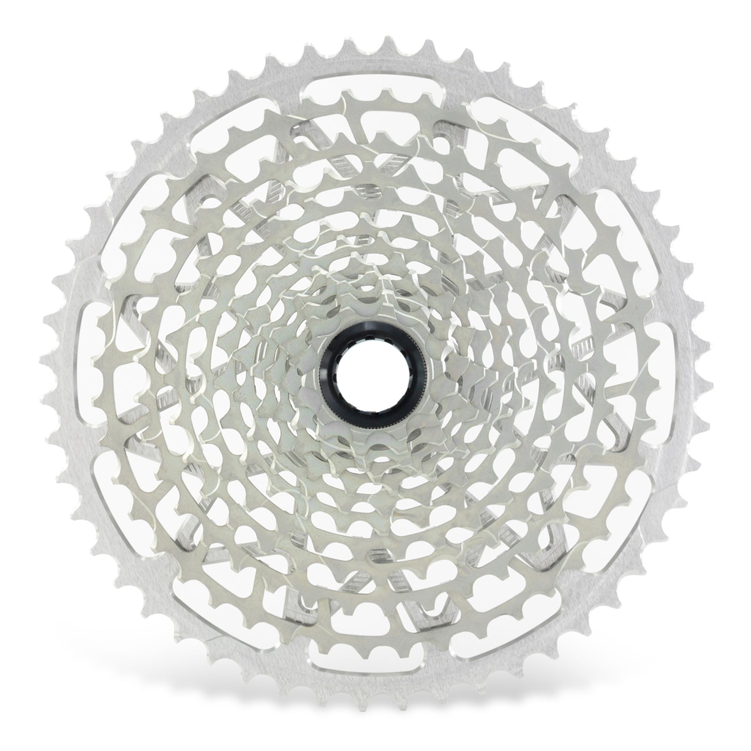 Garbaruk 12sp Shimano Microspline cassette in silver, highlighting the CNC-machined monoblock construction and unique tooth profiling