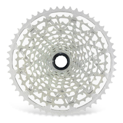 Garbaruk 12sp Shimano Microspline cassette in silver, highlighting the CNC-machined monoblock construction and unique tooth profiling