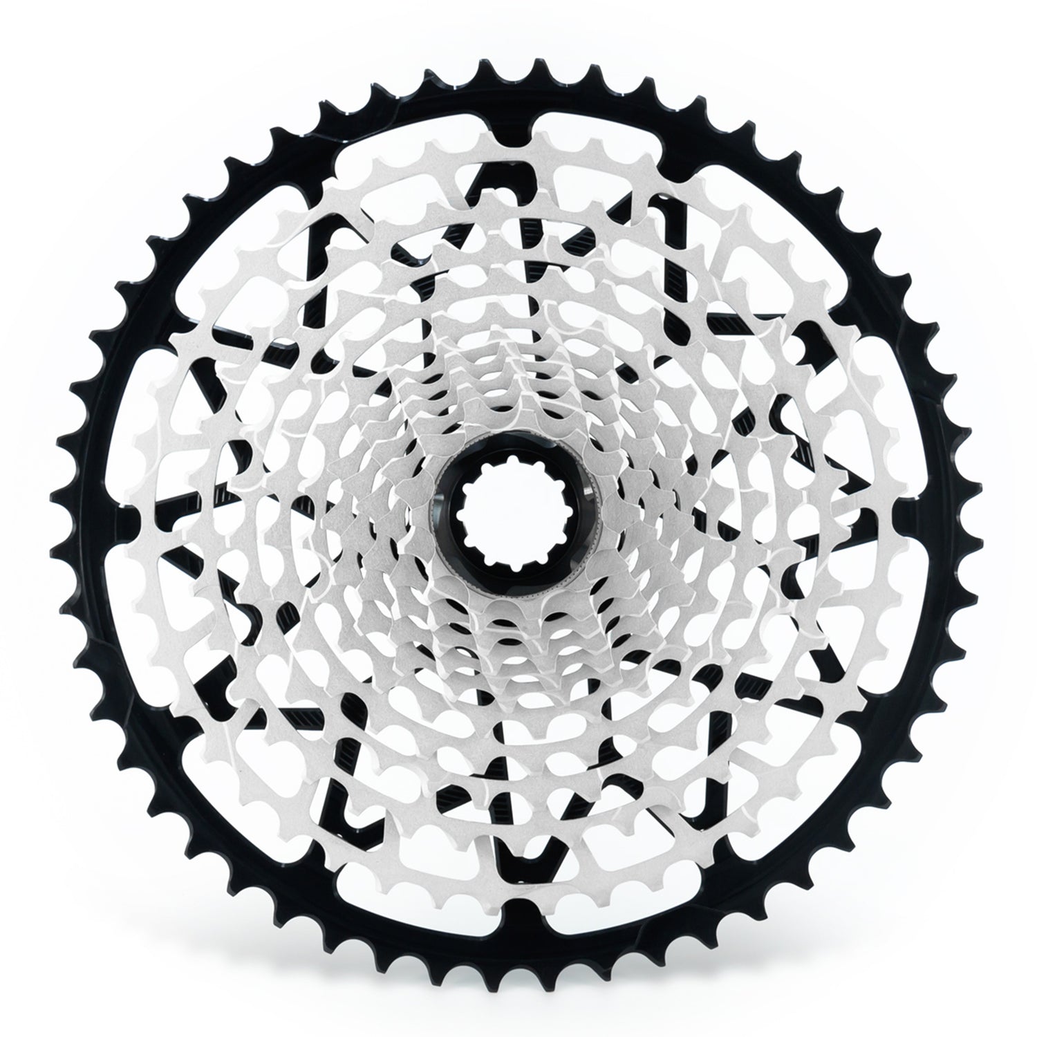 Garbaruk 12sp cassette Shimano in black, highlighting the CNC-machined monoblock construction and unique tooth profiling.