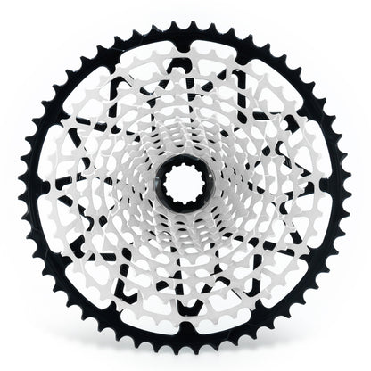 Garbaruk 12sp cassette Shimano in black, highlighting the CNC-machined monoblock construction and unique tooth profiling.