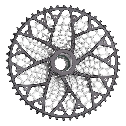 Rear detail on a black Garbaruk 12sp GEN2.0 MTB cassette for SRAM Eagle Transmission 