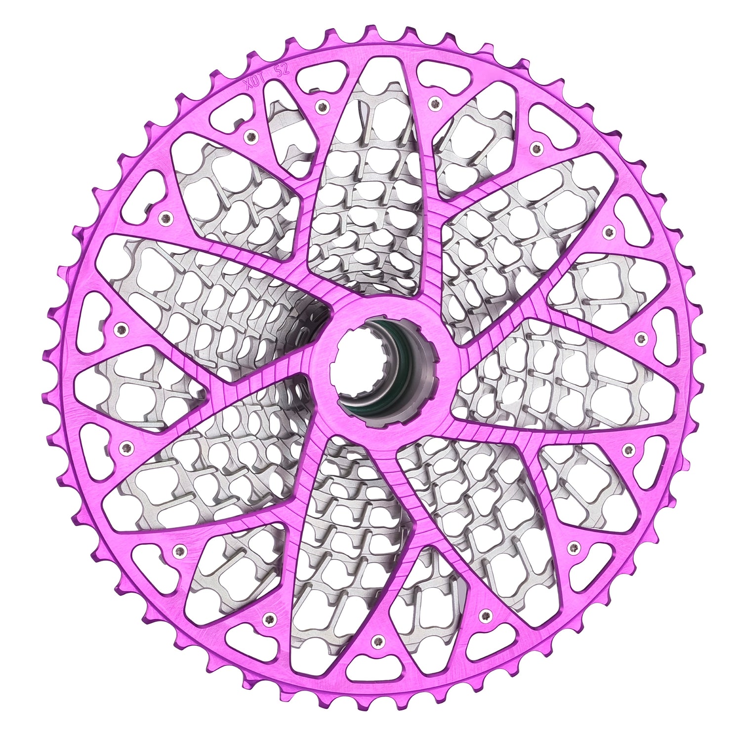 Rear detail on a Garbaruk 12sp GEN2.0 MTB cassette for SRAM Eagle in violet