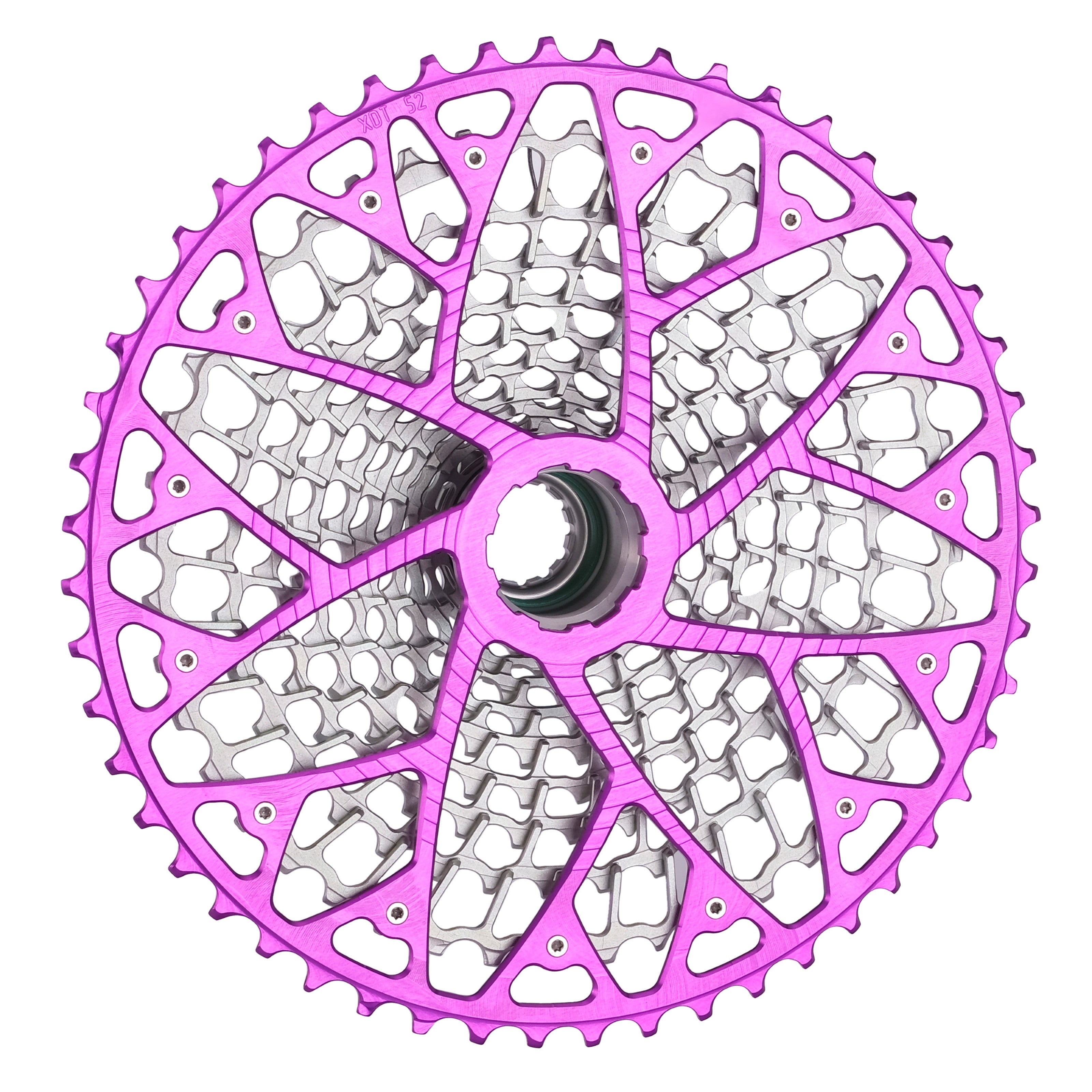 Rear detail on a Garbaruk 12sp GEN2.0 MTB cassette for SRAM Eagle in violet