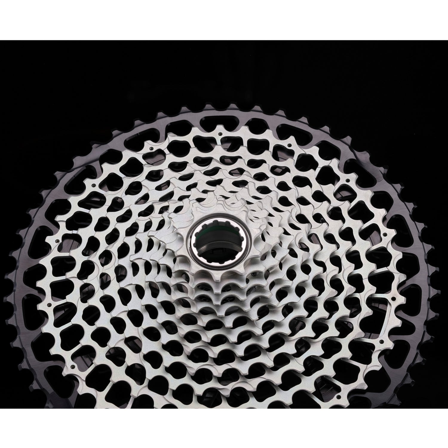 Garbaruk 12sp GEN2.0 MTB cassette for SRAM Eagle Transmission in black, on a black background