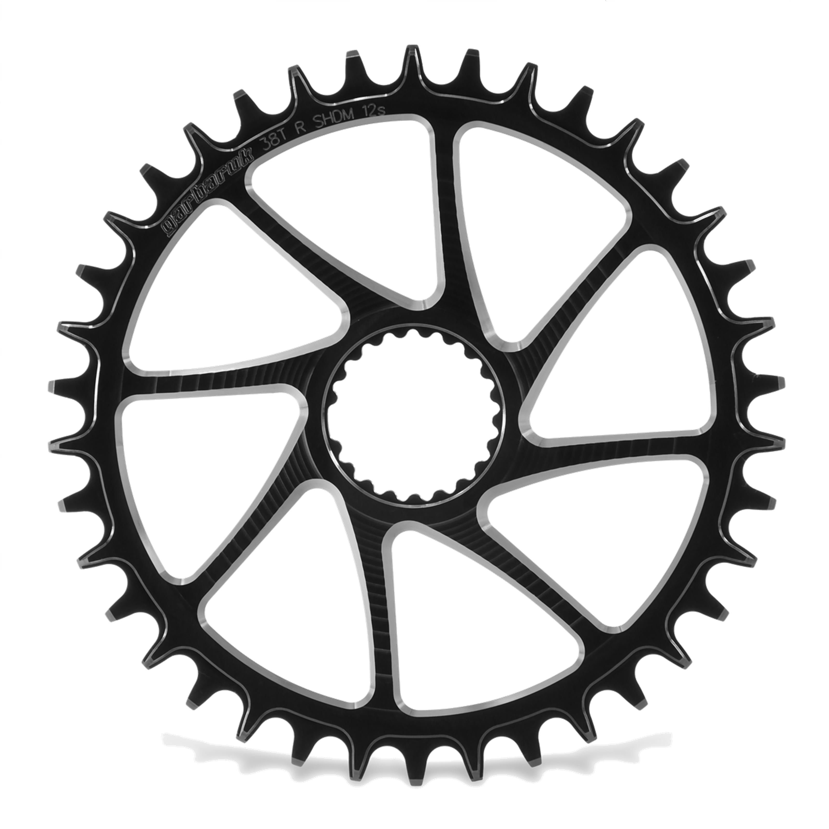 Garbaruk direct-mount MTB chainring for Shimano, 38T, black, with CNC-machined precision and uniquely profiled teeth for superior chain retention