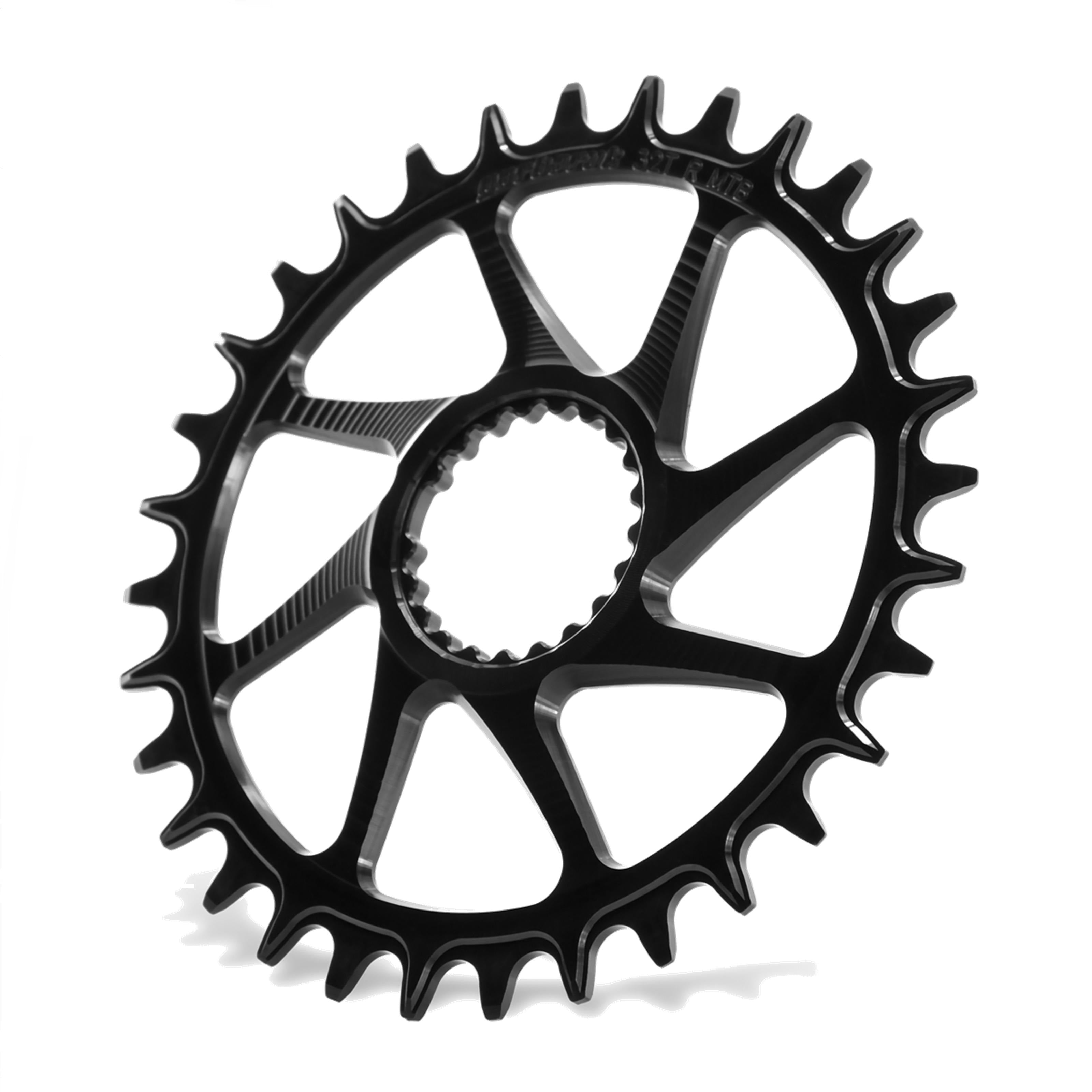 Angled view of black Garbaruk DM MTB chainring for Shimano, showing off its CNC detailing and direct-mount interface