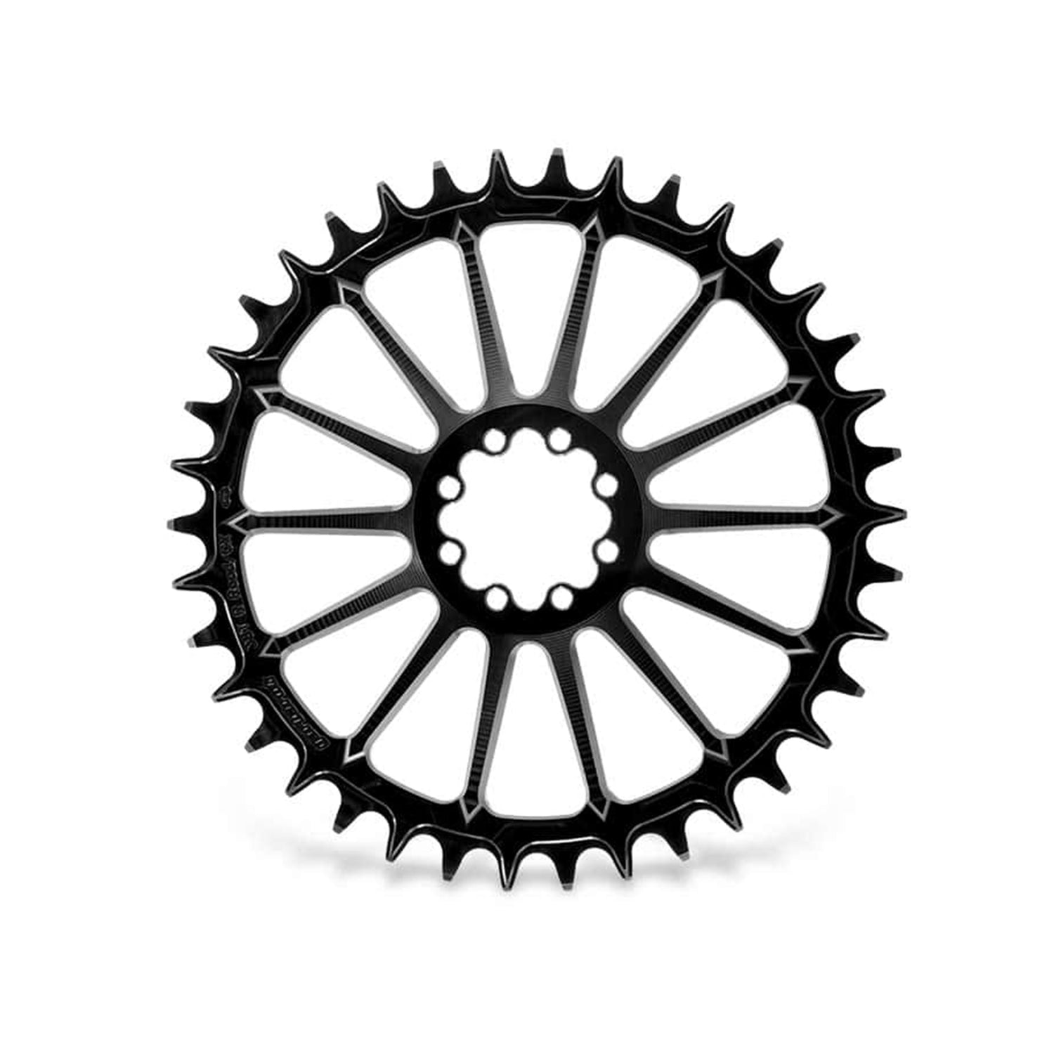 Garbaruk DM Road Chainring for SRAM 8-bolt in black, 38T, highlighting CNC-machined precision and unique tooth profile design