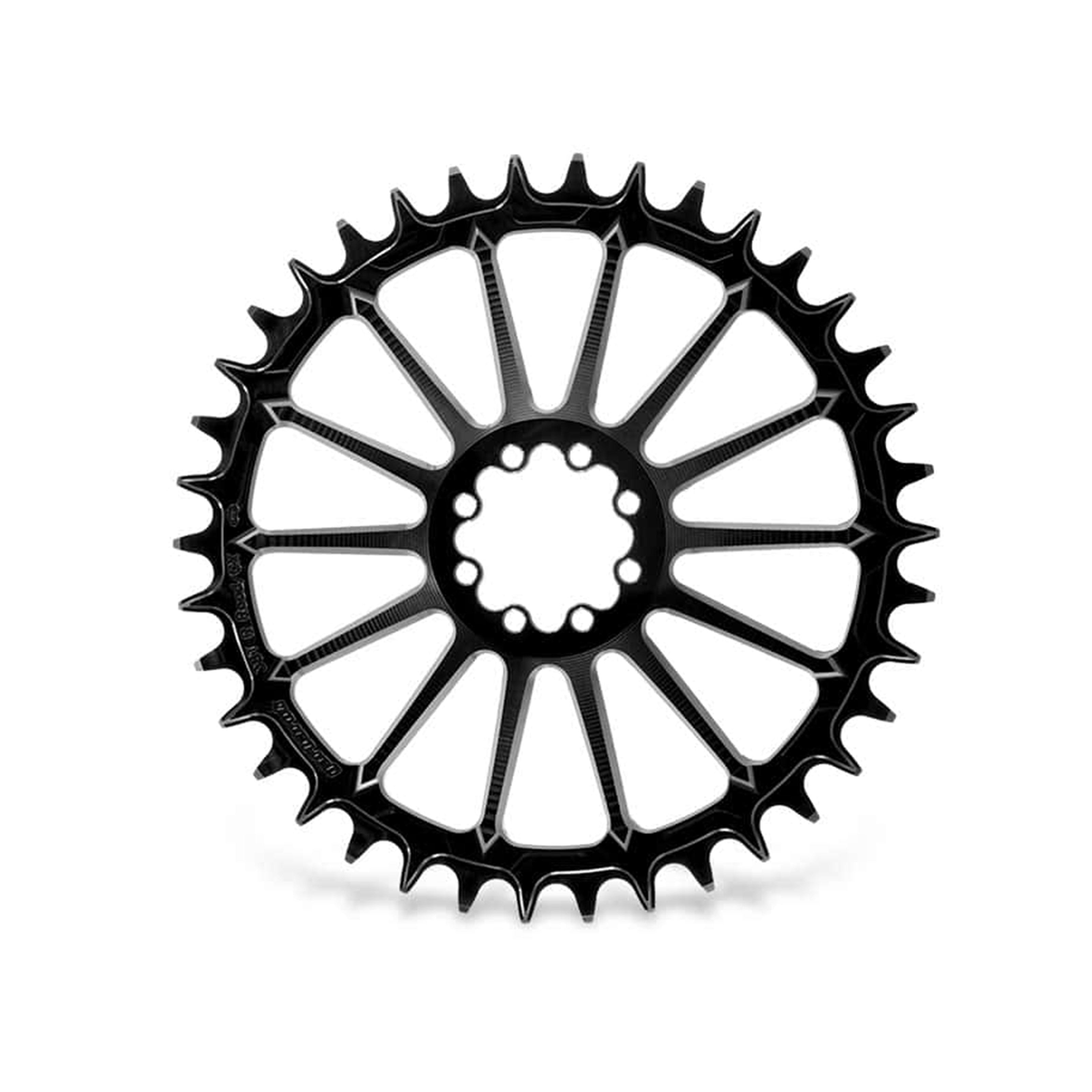 Garbaruk DM Road Chainring for SRAM 8-bolt in black, 38T, highlighting CNC-machined precision and unique tooth profile design